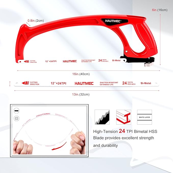 HAUTMEC 12-Inch Pro High Tension Hacksaw with Lightweight One-Piece Die-Cast Aluminium I-Beam Frame, 45°/90° Dual Cutting Angles, Metal Tension Knob, 24 TPI Bi-Metal Blade – HT0101