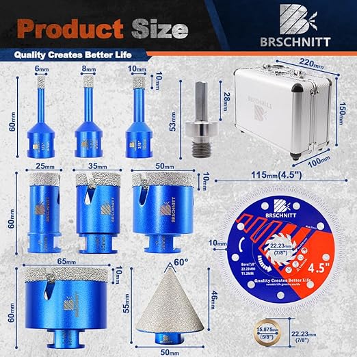 Diamond Core Drill Bit Set - BRSCHNITT Tile Hole Saw Kit 1/4" 5/16" 3/8" 1" 1-3/8"2" 2-1/2" & 2" Chamfer Bit for Porcelain Tile Ceramic Marble Granite Diamond Blade