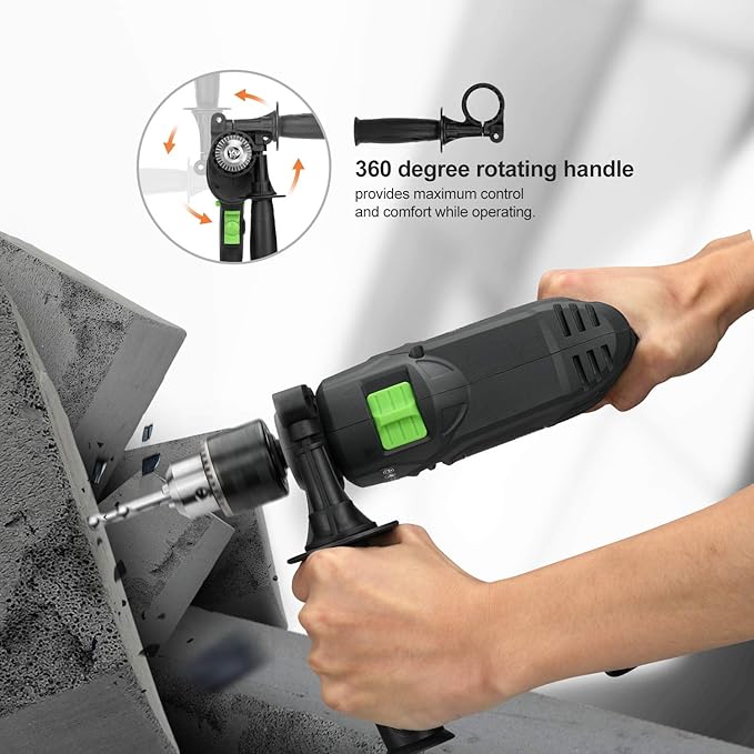 GALAX PRO 5Amp 1/2-inch Hammer Drill with 105pcs Accessories, Variable Speed 0-3000, Hammer and Drill 2 Functions in 1, 360째Rotating Handle, Depth Gauge, Carrying Case Included