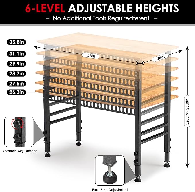 48 "Adjustable Workbench with Power Outlet, Heavy Duty 2000 LBS Load Capacity Hardwood Workbench Suitable for Workshop, Office, Garage, Home