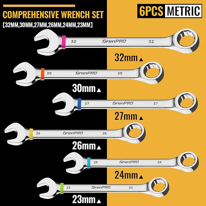 GRENPRO Metric Wrench Set, Large Wrench Set Metric and Standard, 7PC 23mm, 24mm, 26mm, 27mm, 30mm, 32mm Long Open End Wrench Tool Roll Up Pouch with Gauge, Combination Wrenches Sets with Color Ring