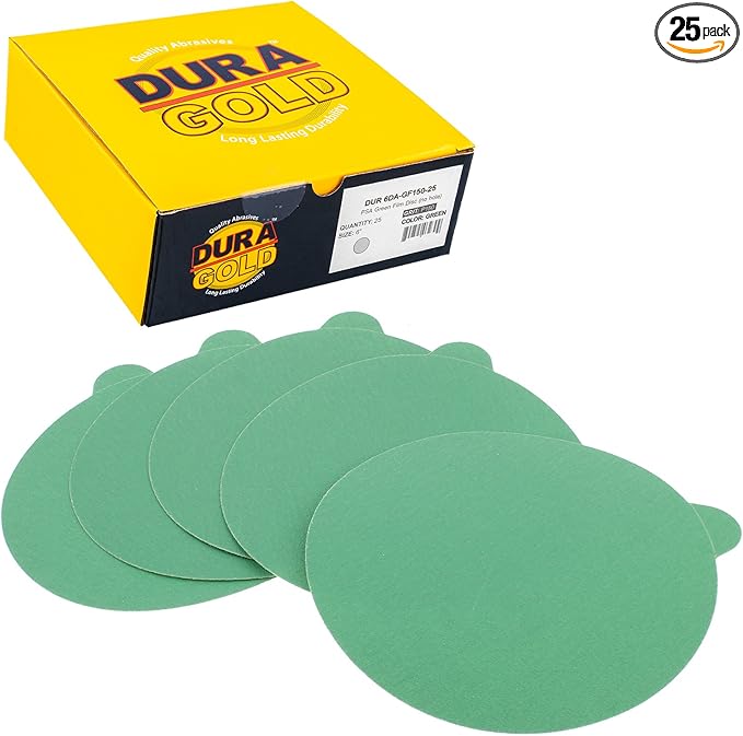 Dura-Gold Premium 6" Green Film PSA Sanding Discs - 150 Grit (Box of 25) - Self Adhesive Stickyback Sandpaper for DA Sanders, Finishing Medium Cut Abrasive - Sand Automotive Paint, Woodworking Wood