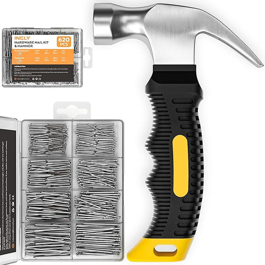 INCLY 620 PCS Small Nails for Hanging Pictures Assortment Kit with 8oz Claw Small Hammer, Mini Hammer Set with Hardware Nails Assorted Set 310 Wall Nails & 310 Finish Nails for Installing with Case