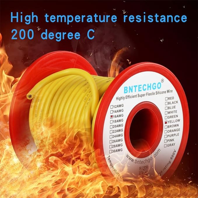 BNTECHGO 16 Gauge Silicone Wire Spool 50 ft Yellow Flexible 16 AWG Stranded Tinned Copper Wire