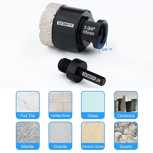 DKIBBITH 1-3/4'' Diamond Hole Saw, Vacuum Brazed Core Bit for Granite Tile Quartzite Marble Concrete Porcelain Ceramic Stones with 5/8-11 Thread Angle Grinders and 3/8??Hex Shank Electric Drills