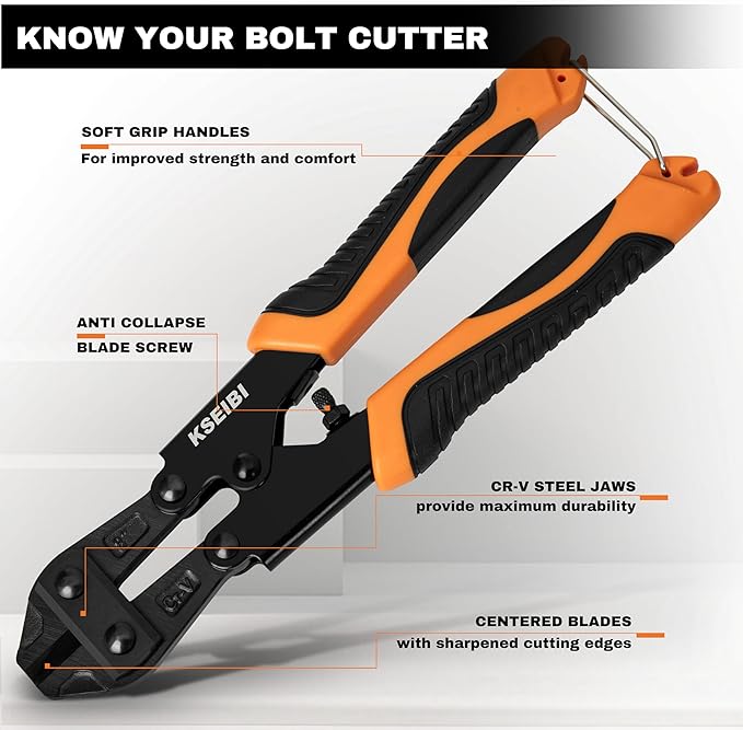 KSEIBI 141610 Mini Bolt Cutters 8 inch - Spring Loaded, CR-V Steel, Sharpened Cutting Edge, Wire Cutter, Snips Clippers, One Hand Operation, Small and Portable Design with Soft Grip Anti-Slip Handle