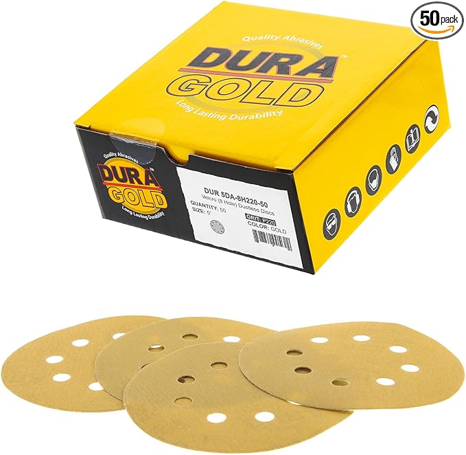 Dura-Gold Premium 220 Grit 5" Sandpaper Discs, 8 Hole Pattern Dustless, 50 Discs - Hook & Loop Backing for Orbital DA Sander, Detailing Finishing Color Sanding Automotive Paint Woodworking