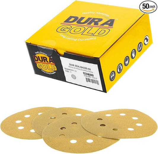 Dura-Gold Premium 220 Grit 5" Sandpaper Discs, 8 Hole Pattern Dustless, 50 Discs - Hook & Loop Backing for Orbital DA Sander, Detailing Finishing Color Sanding Automotive Paint Woodworking