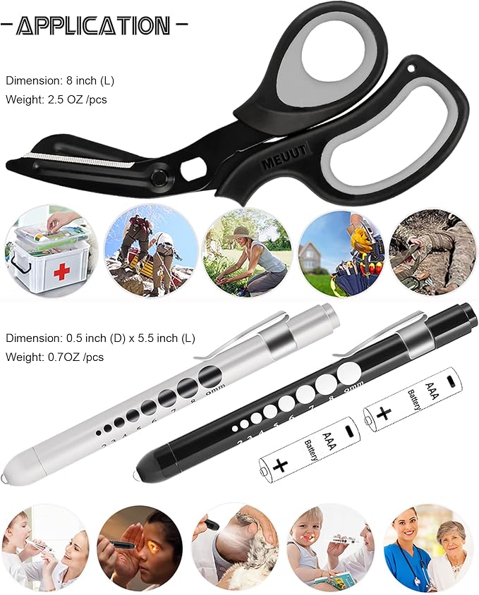 MEUUT 3 Pack Pen light & Medical Scissors-One Pantented Trauma Scissor Two LED Penlight with Pupil Gauge -8" Bandage Scissor for Nurse Doctor EMT