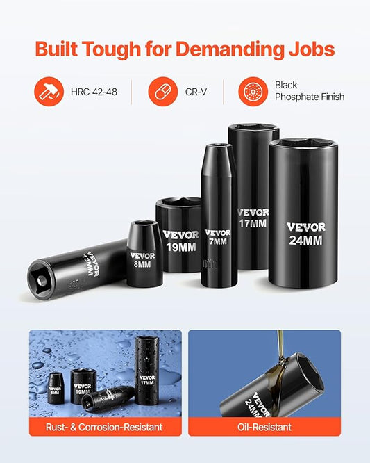 VEVOR Impact Socket Set 3/8" Drive, 64-Piece Standard SAE (5/16 to 1 inch) & Metric (6 to 24 mm) Size, Deep & Shallow, 6 Point, CR-V, Ratchet Handle, Extension Bars, Universal Joint, Adapters