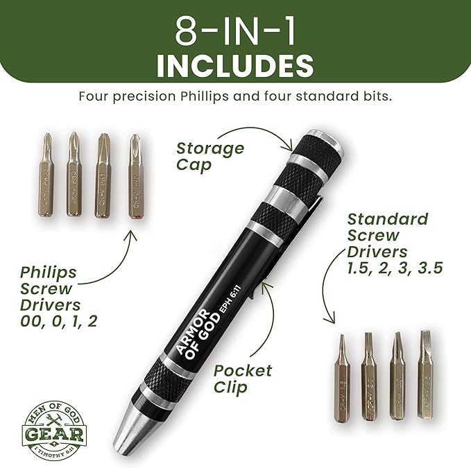 LOGOS TRADING POST 8-in-1 Bible Verse Pen Screwdriver Multitool - Armor of God, Eph 6:11 - Hidden 4.5" x 0.5" Pen Multitool with Screwdriver Bits, Storage Space & More - Christian Pocket Tools For Men