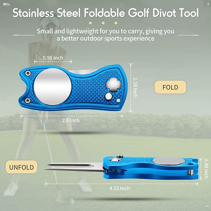Skylety 4 Pcs Golf Divot Repair Tool Metal Foldable Golf Divot Tool with Magnetic Pop-up Button Ball Marker Stainless Steel Switchblade for Golfers Prizes