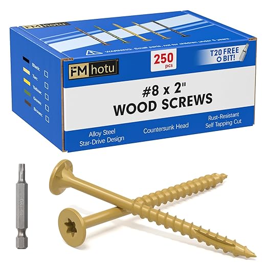 #8 x 2” Deck Screws, 250Pcs Star Drive Wood Screws, Rust Resistant Timber Screws for Timber/Log/Landscaping Wood, T20 Star Bit Included, Yellow