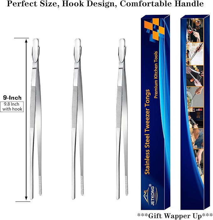 JETKONG Serving Tweezer Tongs 9-Inch Cooking Tweezers Kitchen Tweezers, Set of 3 (9 9 9 Inch, Silver)