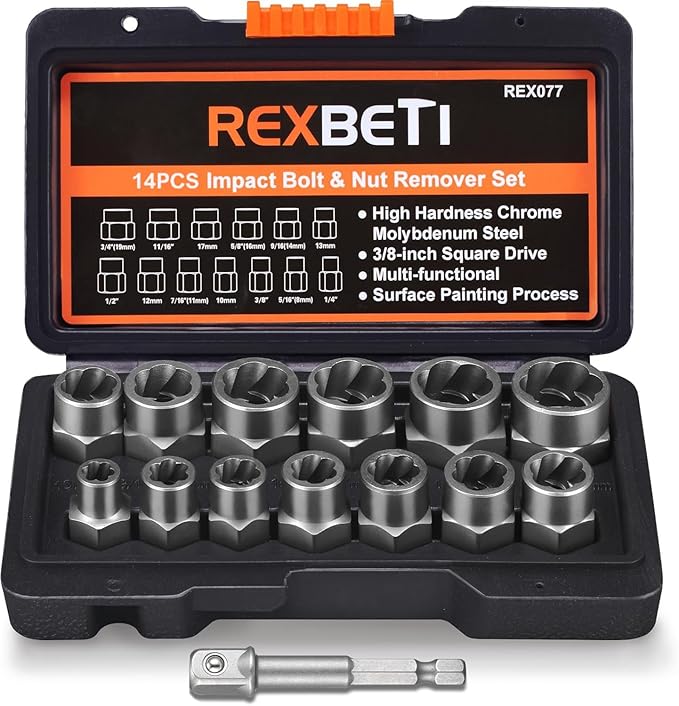 REXBETI Impact Bolt & Nut Remover Set, Bolt Extractor Tool Set with Solid Storage Case (14 pieces)