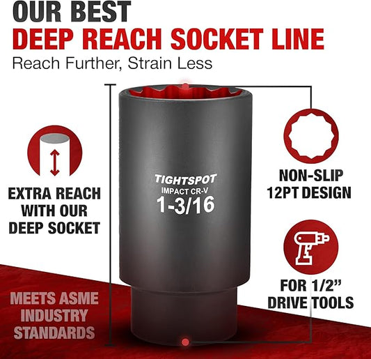 TIGHTSPOT 1/2 Inch Drive - 1 3/16 Inch Deep Impact Socket with Anti-Rounding 12 Point Design, Heat-Treated CRV Steel