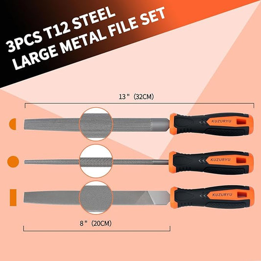 KUZURYU 3-Piece File Set for Metal | Includes Flat/Half-Round/Round | T12 High Carbon Steel Files | 8" Rasp Kit for Home Repair, Workshop & Industrial Use
