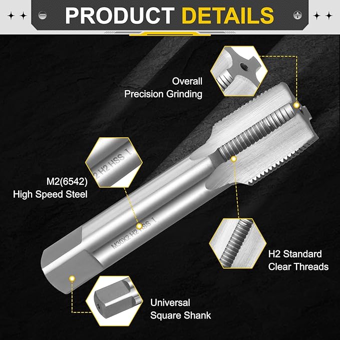 uxcell Hand Taper Tap M30 x 2 Metric Thread Taper Style Taps Straight Flute Screw Tapping Threading Tool High Speed Steel HSS6542