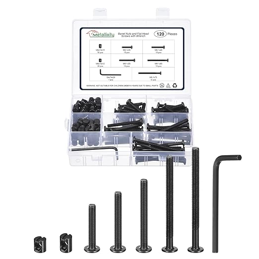 METALLIXITY Furniture Crib Screws Replacement Set with Wrench(M6-1x35/45/55/65/75mm) 120Pcs, Connector Bolt M6 Screw Barrel Nuts Binding Screws, for Chair Cabinet Bed, Black