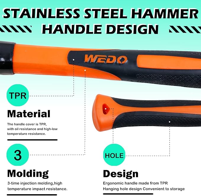 WEDO Claw Hammer with Fiberglass Handle,8oz Stainless Steel Framing Hammer,Length 280mm(11"),Shock Resistant,Corrosion Resistant,Rust Proof, Die-forged
