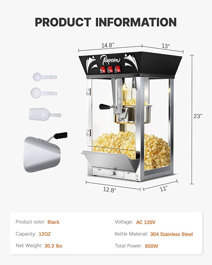 12 Oz Commercial Popcorn Machine, 850 W, Movie Theater Popcorn Machine, Black Tabletop Pop corn Machine with 3-Switch Control & Steel Frame Tempered Glass Doors for Home Theater