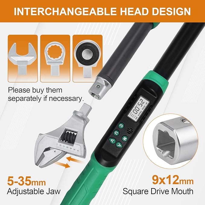 Marsram Adjustable Digital Torque Wrench, 5-99.6ft.lbs/6.8-135N.m, 5-35mm Jaw, Open End Interchangeable Electronic Torque Wrench With Buzzer And LED, For HVAC Car Moto Repair Tool, Calibrated