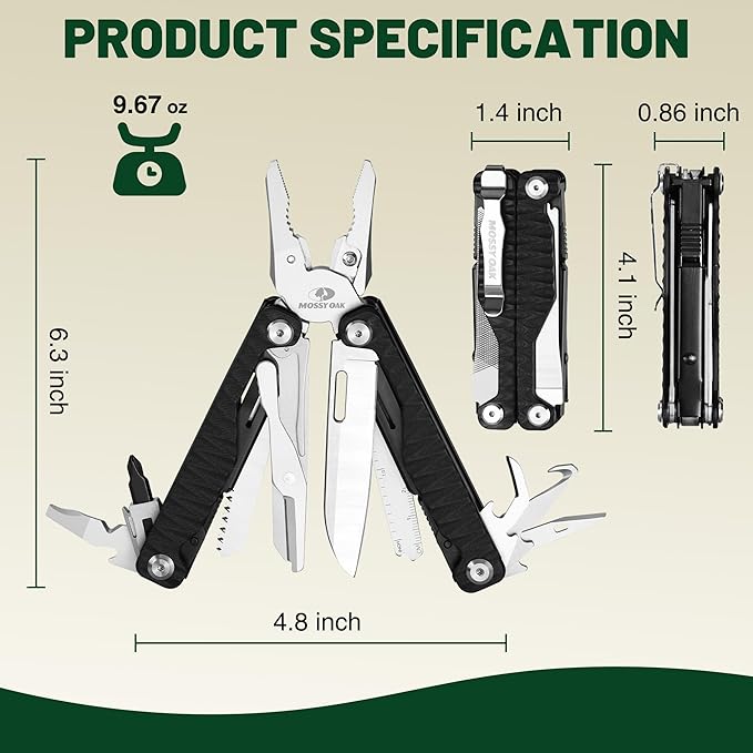 MOSSY OAK Multitool, 17-in-1 EDC Multi Tool with CNC-Machined Steel Pliers, G10 Anti-Slip Handle, Nylon Sheath & Belt Clip ??Durable MultiTool for Camping, Hiking, Hunting, Survival, and Everyday Use