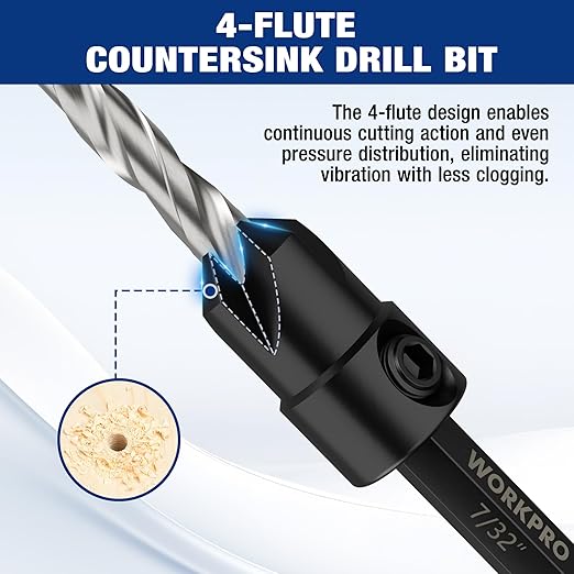 WORKPRO 5-Pack Countersink Drill Bit Set, #4, #6, #8, #10,#12, M2 HSS, 4-Flute Design, Adjustable with Included Hex Key, Ideal for Woodworking & Metal Drilling