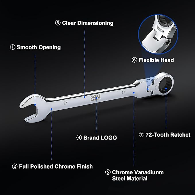Prostormer 14-Piece Metric Flex-Head Ratcheting Wrench Set, 6-19mm Combination Wrench Kit with Storage Case, 72 Tooth, Cr-V Steel Constructed
