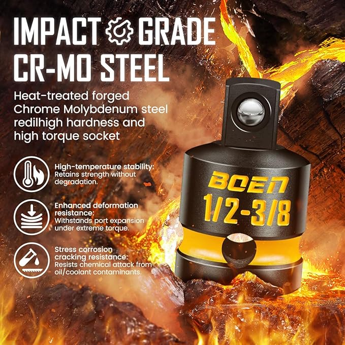 boen 2PCS Impact Socket Adapter and Reducer Set, 3/8"F to 1/2"M Adapter & 1/2"F to 3/8"M Reducer, Deep Yellow Embossed Marking, CR-MO Steel