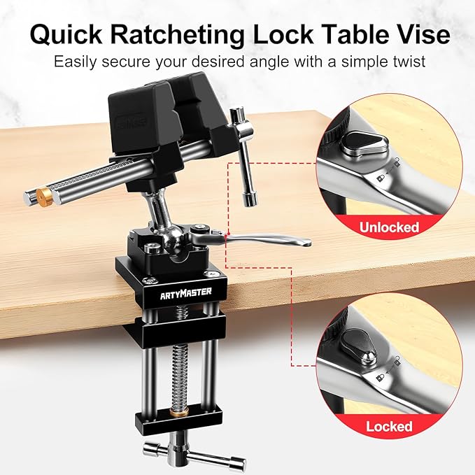 ArtyMaster Vise 4-Inch 360째 Ball Joint Swivel Bench Vise, Heavy Duty Aluminum Clamp-On Workbench Vise with Quick Ratchet Lock, Silicone Jaw Pads, Ideal for Woodworking, Repair & DIY Projects (WT117A)
