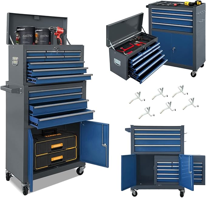 13-Drawer Tool Chest with Double Door and Wheels, Large Detachable Tool Box with Sliding Drawers, Mechanic Toolbox Storage Cabinets, Metal Tool Cart for Garage Workshop (Blue竊낶rey)