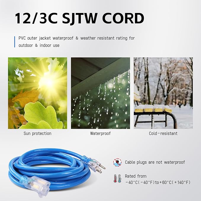 EP 25 Ft Outdoor Extension Cord, 12/3 SJTW Heavy Duty Waterproof Power Cable, 3 Prong Grounded Plug, Lighted End, for Lawn, Garden, Appliances, Blue