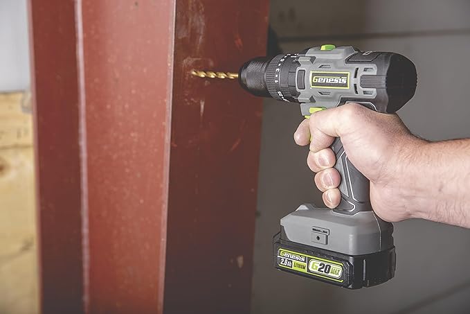 Genesis G20MAX 20V Cordless 1/2" Hammer Drill with 2.0Ah Battery & Charger, All-Metal Ratcheting Chuck, 2-Speed Range (GLHD20B)