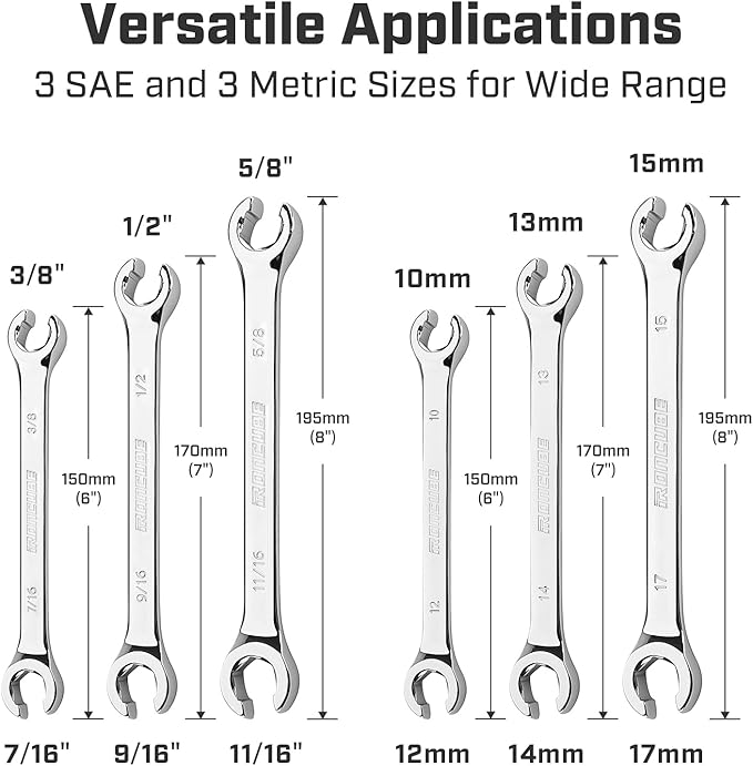ironcube Flare Nut Wrench Set: 6-piece SAE & Metric Line Wrench Set for Removing or Replacing Nuts on Fuel, Brake or Air Conditioning Lines, Organizer Pouch Included