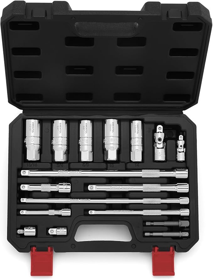 EMENTOL 17PCS 1/4" and 3/8" Drive Socket Accessory Set, with Spark Plug Sockets, Extension Bars, Adaptors, Impact Universal Joint, Professional Drive Socket Accessories
