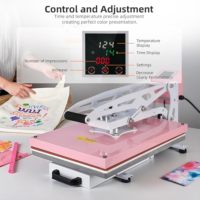 16x24 Heat Press Machine, Semi-Auto Commercial Heat Press, for T Shirts, Garments, Bags, Textiles, Curtains, Mousepads, Perfect for POD & Home DIY & Small Business Customization, Pink