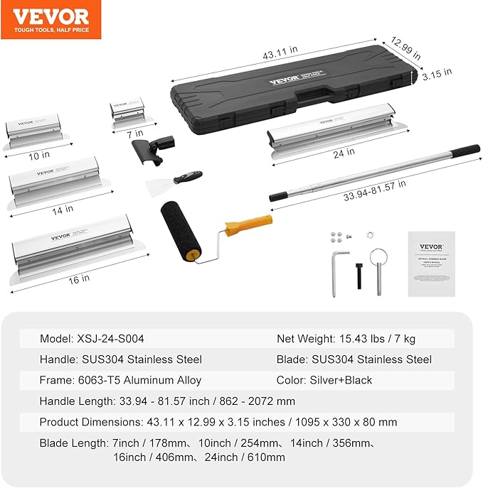 VEVOR Drywall Skimming Blade Set, 7/10/14/16/24 in Skimming Blades + 34-81.6 in Extension Handle Pole, Stainless Steel Knife Professional Skim Coat Tools, for Gyprock/WallBoard/Plasterboard