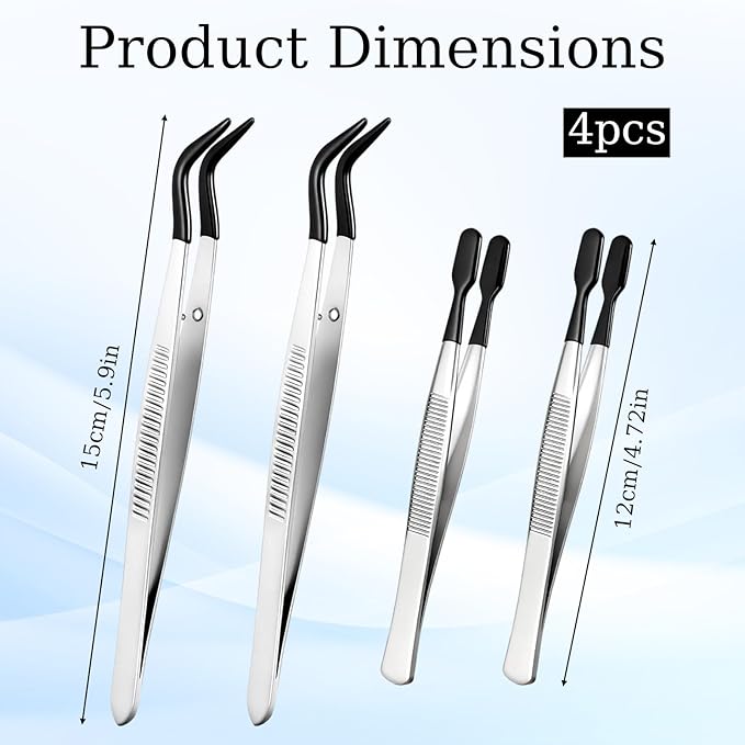 4 PCS Rubber Tipped Tweezers, PVC Coated Coated Flat and Bent Tweezers Precision Tweezer Set for Lab Industrial Crafts Stamps Beads Jewelry Coin Stamp Tongs (Black)