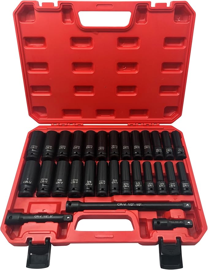 29pcs 1/2" Drive Impact Socket Set, Deep & Standard Sockets with Extension Bars, Cr-V Steel, SAE 3/8"-1", Metric 10mm-24mm