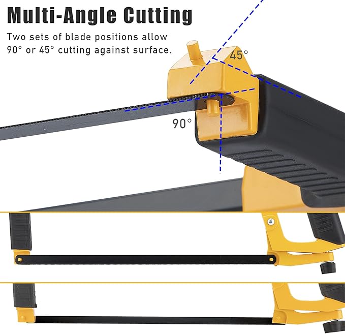 DOWELL Hand Saw 12-inch Hacksaw Frame Heavy Duty Adjustable 45/90 Angle Hacksaw with 5 Replaceable Saw Blades Inside the Frame for Steel Pipe Cutting PVC Carpentry Woodworking HY041101