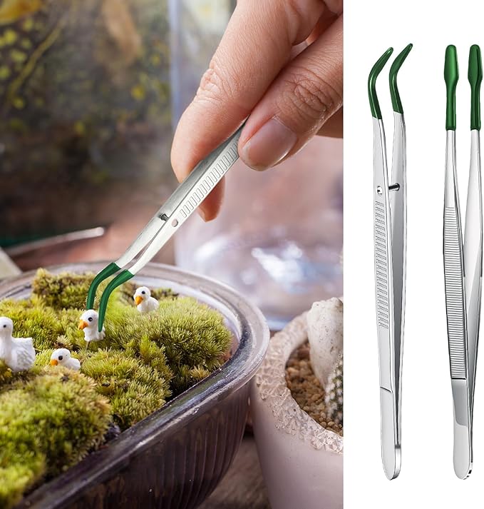 2 Piece Tweezers with Rubber Tips Set - Bent and Straight Flat Tips Tweezers PVC Coated for Stamp Coins Jewelry Crafts, Electronics(Silver, Green)