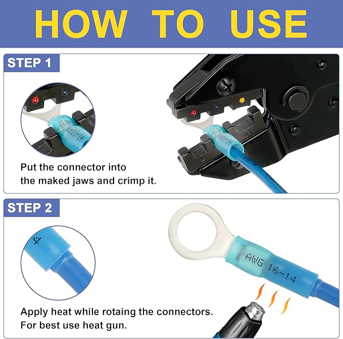 haisstronica Crimping Tool for Heat Shrink Connectors HS-8327 with 280PCS Marine Grade Heat Shrink Wire Connectors,Tinned Red Copper AWG 22-10 Electrical Ring Fork Spade Splice(3Colors/21Size)