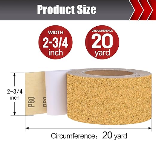 80 Grit PSA Longboard Sandpaper, 20-Yard Long Continuous Roll 2-3/4" Wide Self-Adhesive Sanding Paper for Auto Body Woodworking Metalworking
