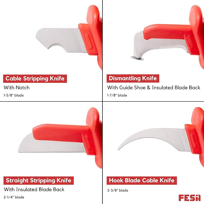 FESA Insulated Cable Knife Set - 4-Piece 1000V Insulated Electrician Knife Set for Cable & Wire Dismantling, Stripping & Skinning - With a Compact Zippered Storage Case - 1000V Insulated Tool Set