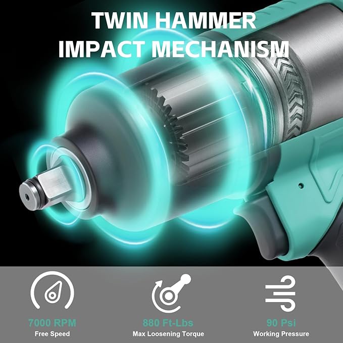Air Impact Wrench 1/2 Inch Square Drive Heavy Duty 880 ft-Lbs Max Loosening Torque Output Pneumatic Impact Wrench Twin Hammer 7800RPM for Automobile Repair