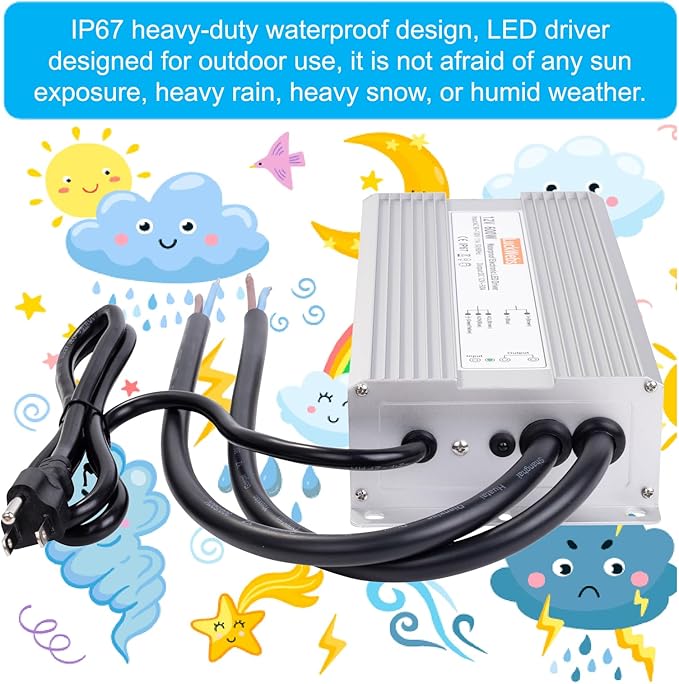 LED Driver 12V600W Waterproof Power Supply AC 90-130V to DC 12V50A Low-Voltage IP67 Switching Power Supply Outdoor LED Garden Landscape Lights LED Strip Light Spotlights Transformer