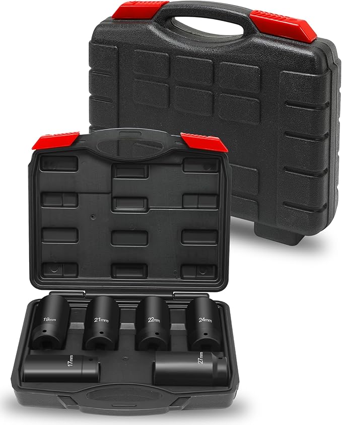 1/2?쇺?Drive Crank Bolt Socket Set, weighted socket set 6 Pack 17MM, 19MM, 21MM, 22MM, 24MM, 27MM, Harmonic Balancer Socket Set, 3 Times Momentum Power of Standard Impact Sockets