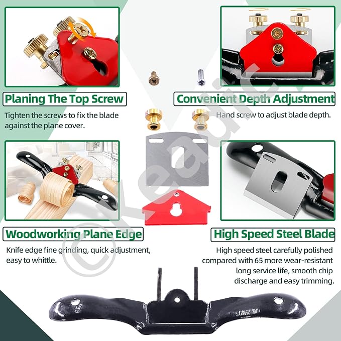 Keadic 8Pcs 9" 10" Adjustable Spokeshave Kit Contains Manual Planer with Flat Base Replacement Metal Blades 4-Way Rasp File and Portable Woodworking Planes for Deburring Carving Crafting