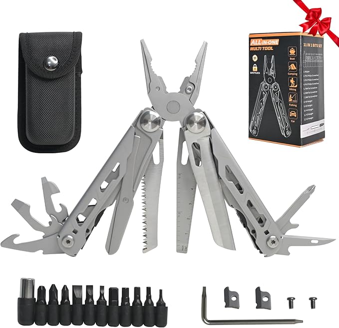 Multitool with Pocket Knife, 25-in-1 Stainless Steel Pliers and Screwdriver, Self-locking Multi-tool EDC Gear with Sheath and Replaceable Cutter Blades, Suitable for Camping and Hiking